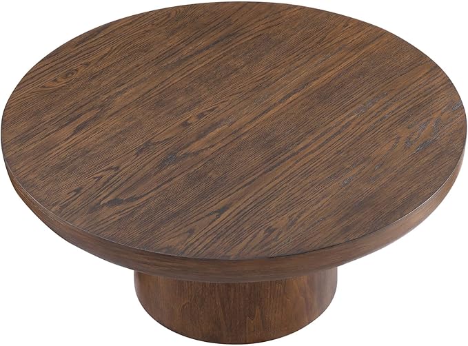 36" Round Coffee Table with Cylindrical Leg,Farmhouse Accent Side Table, Sturdy MDF Construction,Mid-Century Modern Wood Veneer Center Table for Living Room, Apartment,Office (Dark Brown)