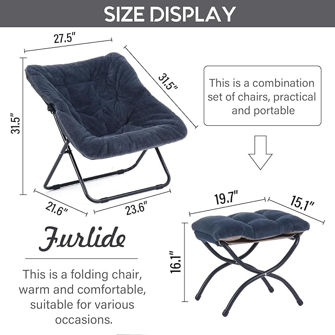 Saucer Chair with Ottoman, Comfy Doorm Chairs, Oversized Folding Faux Fur Chair, Foldable Metal Frame Chair for Bedroom, Living Room(Navy Blue)