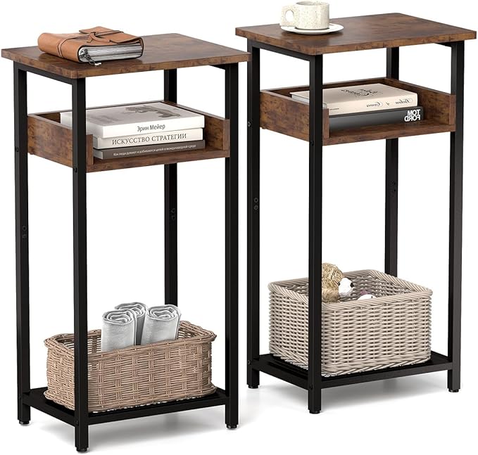 Tall Side Table Set of 2, 30 inch High End Table, Small Entryway Table, Bedside Table for Living Room, Bedroom, Office, Rustic Brown