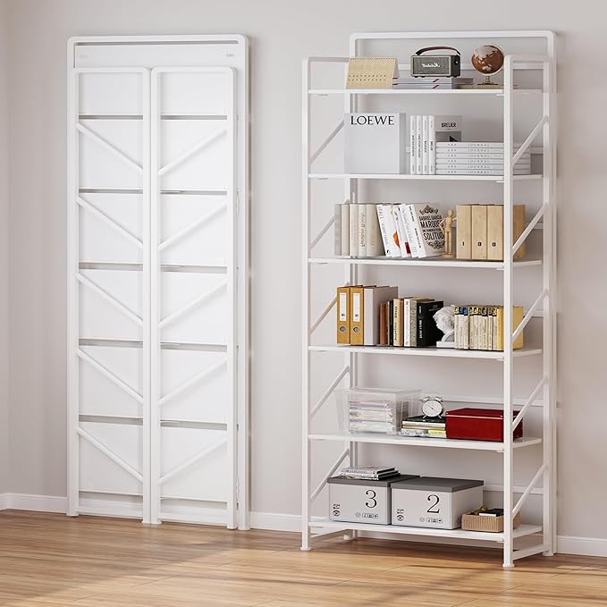 JSB No Assembly Folding Bookshelf, 6 Tier Industrial Metal Book Shelf for Storage, Vintage Wood Foldable Bookcase for Living Room, Bedroom, Office Organization Shelves