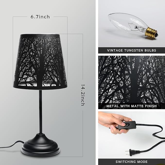 Timeflies Mini Table Lamp Bedside Lamp Decorative Nightstand Lamp for Bedroom Living Room, Black Metal Shade Forest Lighting, Bulb Included Halloween Room Decor