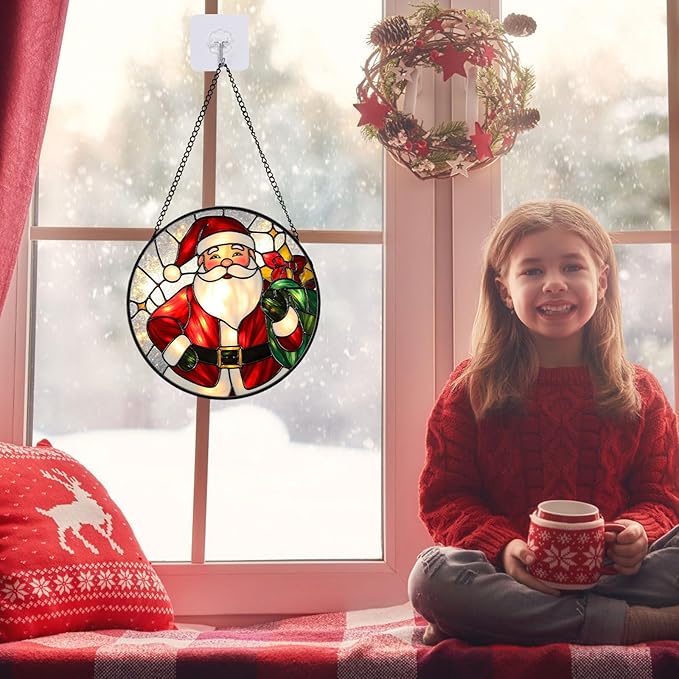 Christmas Stained Glass Window Hanging Sun Catcher, Santa Claus Suncatcher for Window Ornament, Festive Wall Art Decor Christmas Xmas Gift for Women, Men (Red Santa, 6.3'')