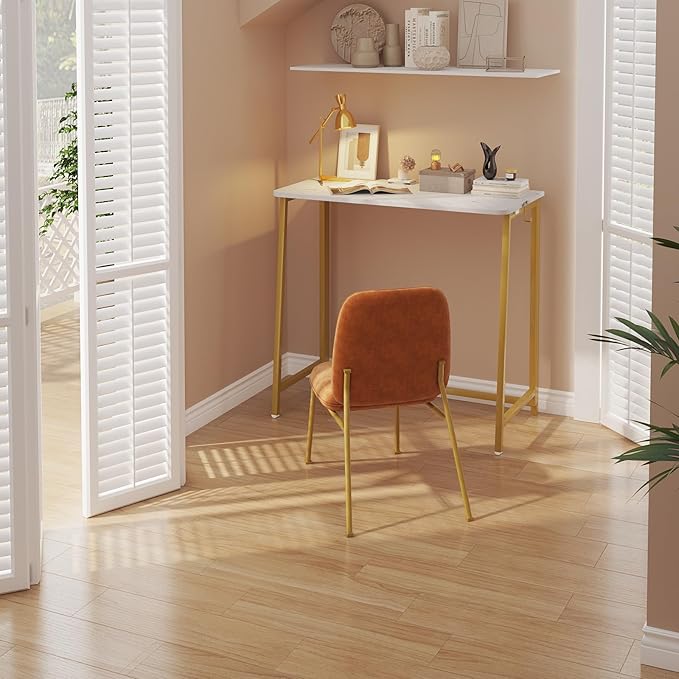 WOHOMO White Faux Marble Folding Desk, 31.5" Small Desk for Small Spaces with Gold Legs, Easy Assemble Foldable Computer Desk, Mini Portable Working Table for Home Office, White and Gold