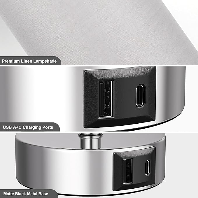 Silver Bedside Lamps for Bedroom Set of 2 - Nightstand Table Lamp with USB A + C Charging Port, 3 Color Temperatures Pull Chain Night Stand Light, Side Table Desk Reading Lamp for Living Room/Dorm