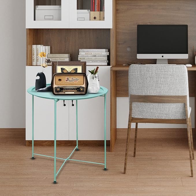VILAWLENCE Metal End Table Side Table Round Folding Tray Small Accent Fold-able Side Table Tray,Outdoor Side Next to Sofa Table, Snack Table for Living Room and Bed Room 18.5 in (Green)