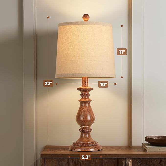 QiMH Farmhouse Table Lamp Set of 2, Rustic Table Lamps for Living Room, Vintage Nightstand Lamp with Rotary Switch, Beside Lamps for Bedroom, Traditional Table Lamps with Linen Shade, Wood Grain