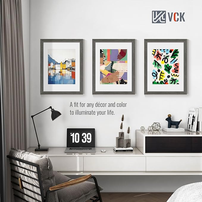VCK 12x16 Picture Frame 2 Pack - Grey, High-End Wood Poster Frames with Tempered Glass, Display 8.5x11 Photo with Mat or 12x16 without Mat, Art Gallery-Quality, Wall Hanging, Grey