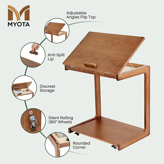 C Shaped Rolling End Table with Wheels - Solid Wood Side Table for Couch, Wooden Modern Tv Tray Bedside Tables for Sofa Armchair Living Room Bedroom, Walnut, 15.4 in x 23.6 in x 24.8 in