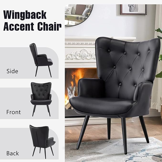 Furniliving PU Leather Accent Chair for Living Room, Upholstered Reading Chair with High Backrest, Tufted-Button Wingback Armchair for Bedroom, Dressing Room, Home Office, Set of 2, Black