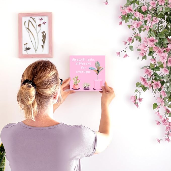 LVQHI Pink Decor For Desk, Growth Looks Different For Everyone Plant Inspirational Motivational Wooden Block Sign For Home Bedroom Office Desk Table Decor, Cheer Up Gift For Coworker Friend
