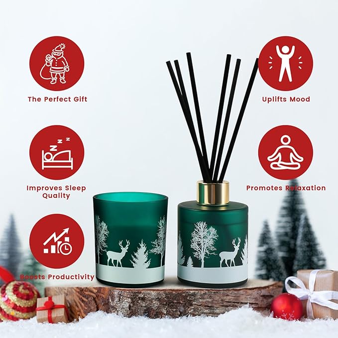 Brakula Christmas Reed Diffuser and Candles Set, 2 Pack/Total 8 oz, Fireside Juniper & Balsam Scented, 6 Diffuser Sticks with Christmas Bottle Design, Home Decor Bedroom Living Room Office