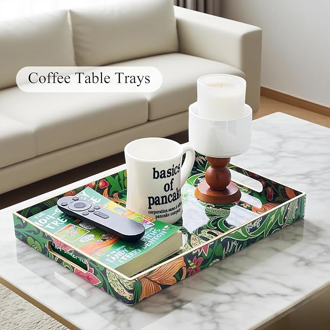 Zosenley Rectangular - Decorative Plastic Tray with Handles Modern Vanity Serving for Ottoman, Coffee Table, Kitchen and Bathroom 13.8 x 9.84 Inch (Morris Green)