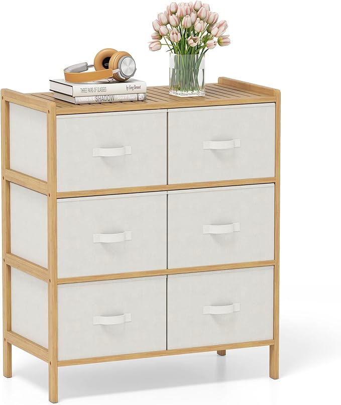 Giantex 6-Drawer Dresser for Bedroom, Bamboo Storage Tower with 6 Foldable Fabric Drawers & Top Shelf, Modern Chest of Drawers, Vertical Organizer Unit for Closet, Living Room (14" D x 26" W x 31" H)