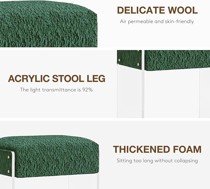 Soft Fluffy Stool, Modern Acrylic Footstool with Upholstered Seat, Fluffy Stool for Living Room Bedroom (Green)