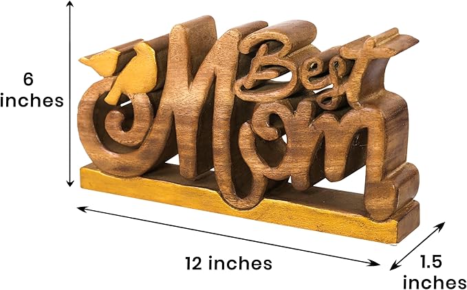 Decozen Handcrafted Solid Wood Best Mom Letters Sculpture - Valentines Day Gifts for Her, Farmhouse Mantel and Fireplace Decor, Table Top Decor for Home, Living Room, or Office