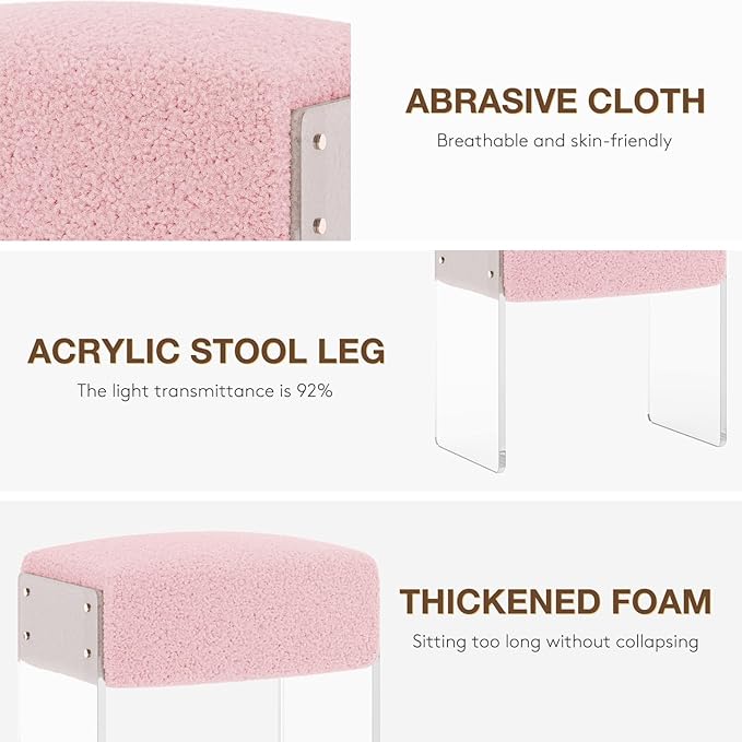 Vanity Stool Chair and Foot Rest -Modern Vanity Stool and Pouf Ottoman with Wool and Acrylic Leg for Makeup Room, Living Room, Bedroom Pink