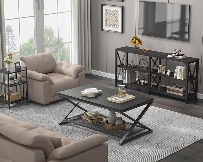 LVB Black Coffee Table, Metal Wood 2 Tier Center Tables with Storage Shelf, Modern Rectangular Cocktail Tea Table for Living Room, Wooden Middle Concrete Table for Office Bedroom, 39 inch, Black Oak