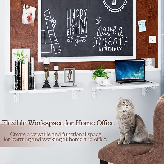 TEAMIX Wall Mounted Desk, White Folding Desk for Small Spaces Floating Shelf Organizer with Heavy-Duty Brackets for Home Office