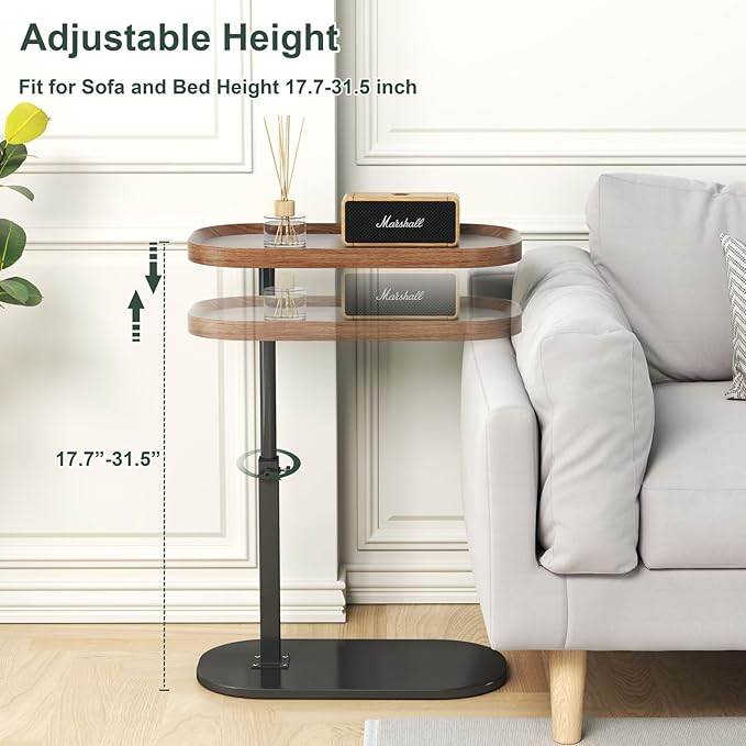 C Shaped Side Table Adjustable Height, 360°Swivel C Shaped End Table, Couch Side Tables That Slide Under, Small Coffee C Table End Table for Sofa/Bed/Bathtub, Rotating Elevate Tabletop (walnut)