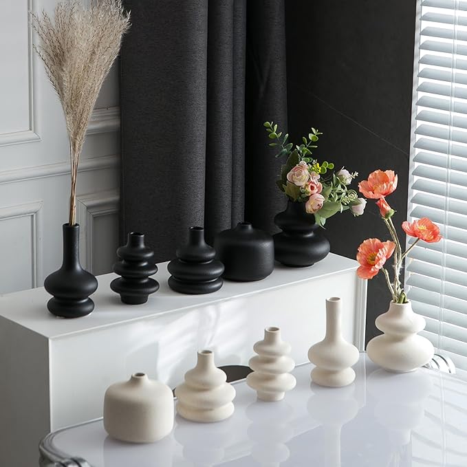 JOJUNO Black Bud Vases, Small Ceramic Vase Set of 5, Mini Pottery Vases for Flowers, Decorative Vases for Home Modern Decor, Boho Decor, Chic Vases for Living Room Dining Table Shelves