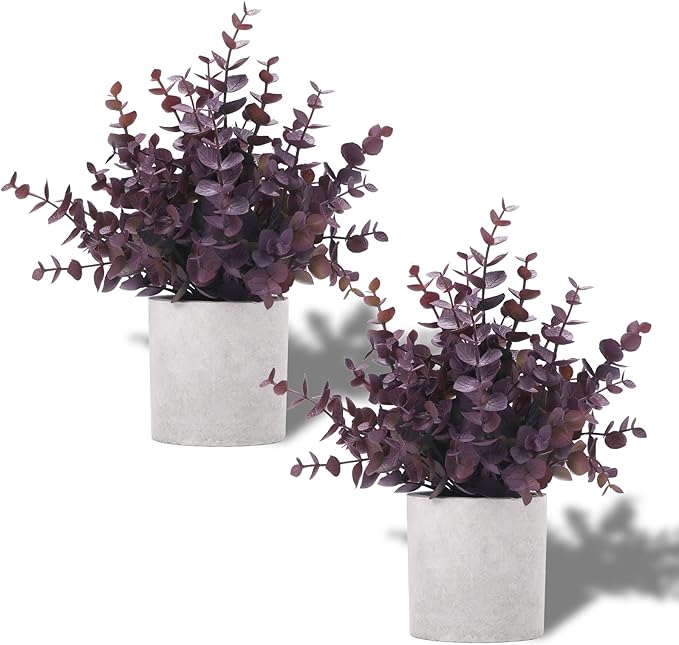 2 Pack Small Fake Plants Eucalyptus Potted Artificial Plants Fall Decorations for Home Shelf Office Bathroom Desk Farmhouse Room Coffee Table Decor Halloween Decor (Plum)