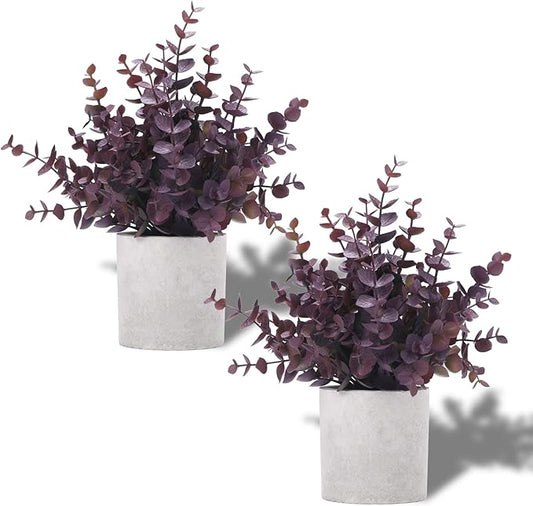 2 Pack Small Fake Plants Eucalyptus Potted Artificial Plants Fall Decorations for Home Shelf Office Bathroom Desk Farmhouse Room Coffee Table Decor Halloween Decor (Plum)