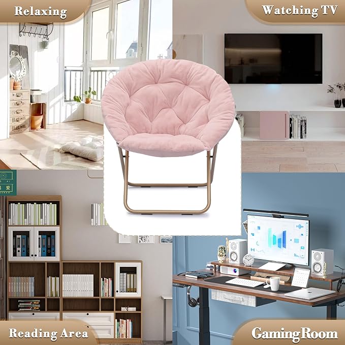 Athena Collection Comfy Saucer Chair Folding Cozy Chair for Bed Room Living Room Accent Chair Faux Fur Reading Chair Foldable Metal Frame Lazy Chair Moon Chair for Adult, Pink