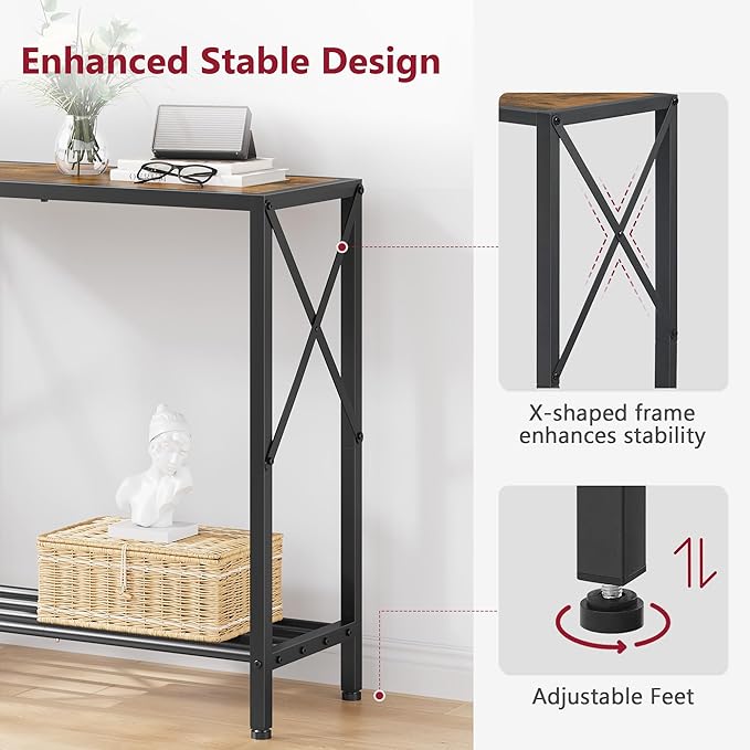 Tajsoon Console Table, 2 Tier Small Hallway Table, Narrow Sofa Table for Entryway with Open Shelves for Living Room, Hallway, Foyer, Office, Rustic Brown