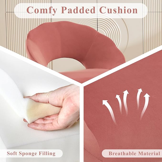 Modern Small Accent Chair Set of 4, Comfy Velvet Vanity Chair with Shell Back & Golden Metal Legs, Decorative Dining Chair no Wheels for Living Room, Makeup Room, Bedroom, Pink