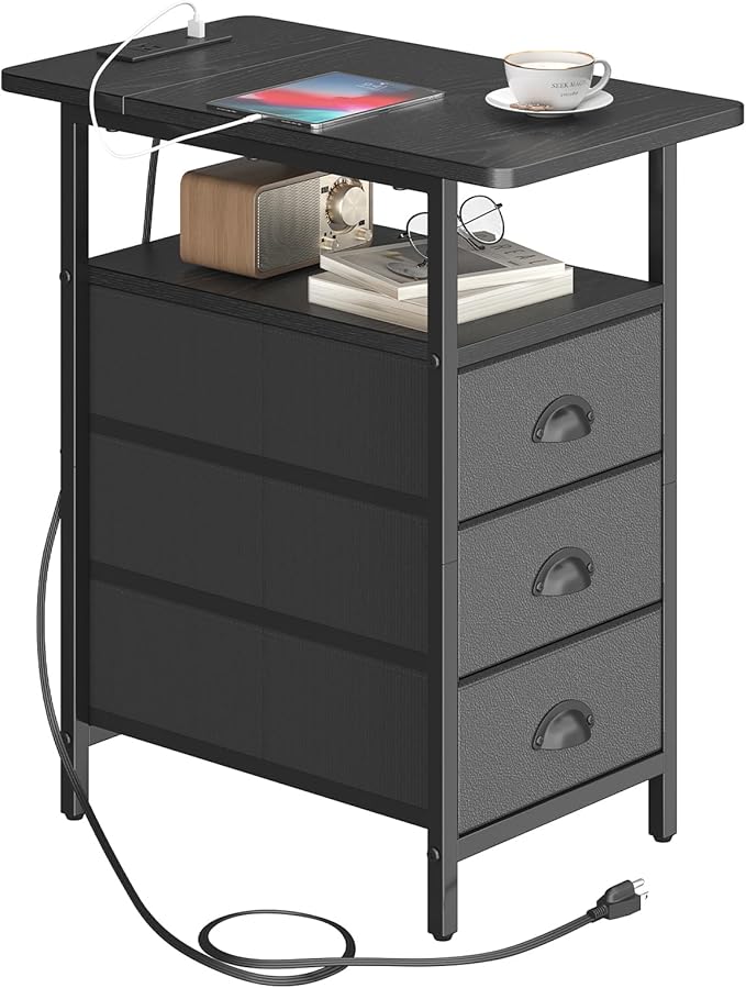 End Table with Charging Station, Side Tables Livingroom with USB Ports and Outlets,Narrow Nightstands Bedside Tables with 3 Drawers PU Finish for Small Space,Slim Sofa Table Bedroom,Black