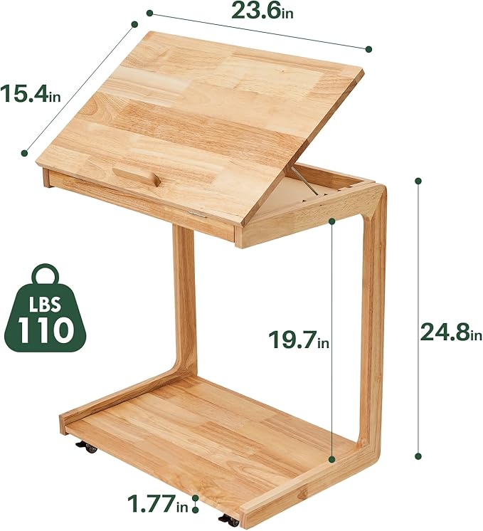 C Shaped Rolling End Table with Wheels - Solid Wood Side Table for Couch, Wooden Modern Tv Tray Bedside Tables for Sofa Armchair Living Room Bedroom, Natural, 15.4 in x 23.6 in x 24.8 in