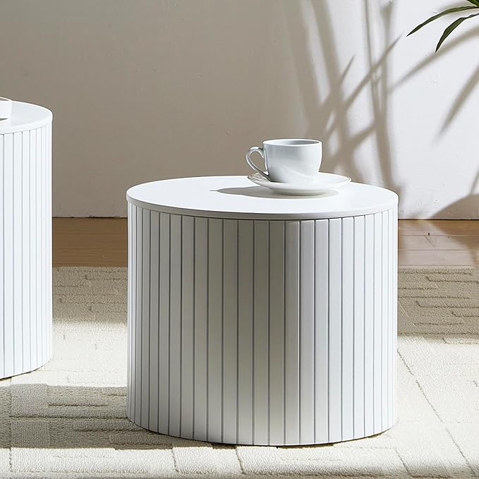 Round Coffee Table Set of 2 for Living Room, Wood Small Nesting Tables with Storage, Circle Side Table, Modern Accent End Table with Moveable Lid for Bedroom,White