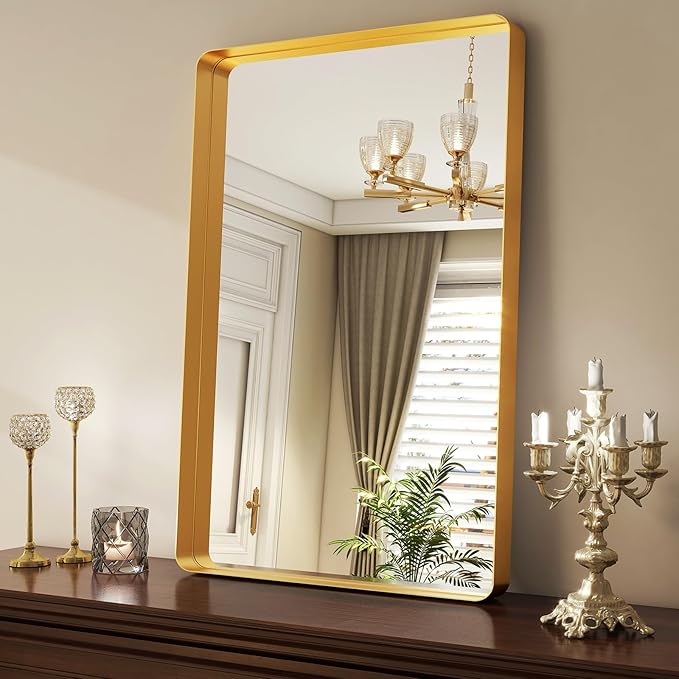 36 x 24 Inch Gold Bathroom Mirror for Wall,Aluminum Alloy Frame Rectangular Wall Mounted Mirror for Farmhouse Decor Horizontal or Vertical Ideal for Bedroom, Living Room