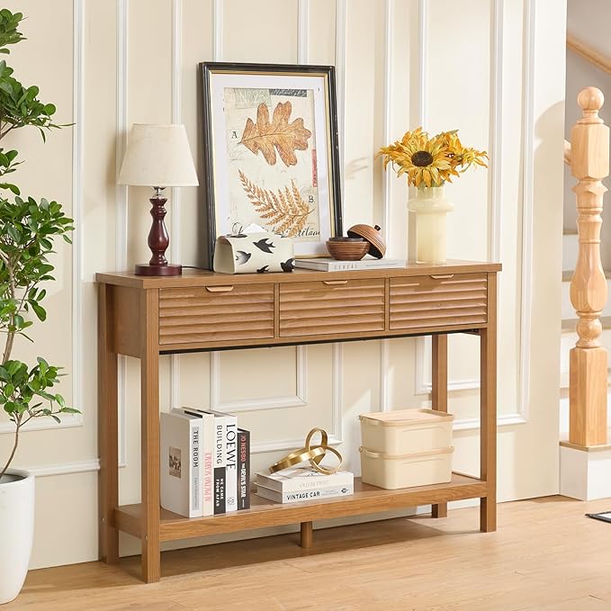 LEYAOYAO Fluted 47.2" Console Table with 3 Drawers, Modern Wood 2 Tier Entryway Table with Open Storage Shelf, Boho Sofa Entry Tables Behind Couch for Living Room, Hallway, Entrance Foyer, Tea Brown