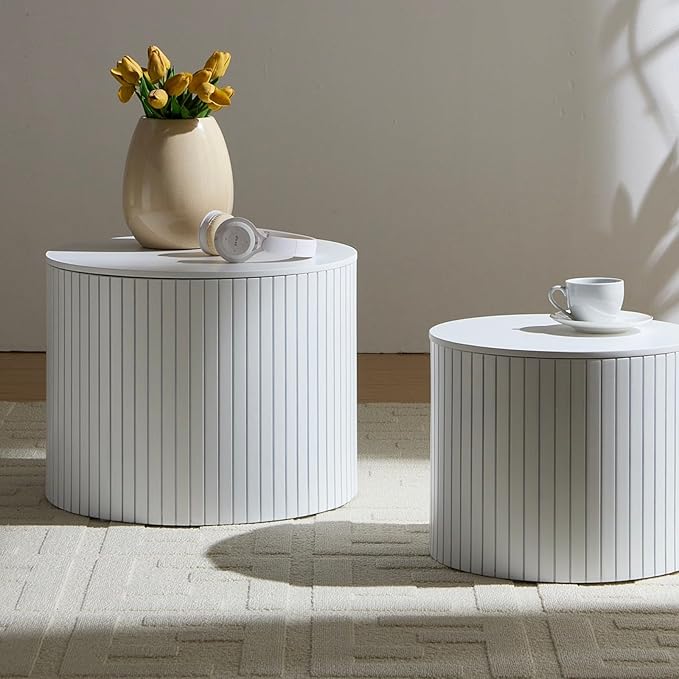 KEVINSPACE Small Coffee Table Nesting EndTable Set of 2, Round CoffeeTable with Storage Function Wood SideTable Circle Accent Tables for Small Spaces Living Room Bedroom Balcony Office White
