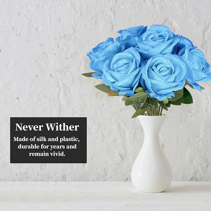 10 PCS Artificial Roses with Long Stems Silk Flowers Realistic Foam Flowers Fake Roses for Valentine's Day Home Wedding Decor(Light Blue)
