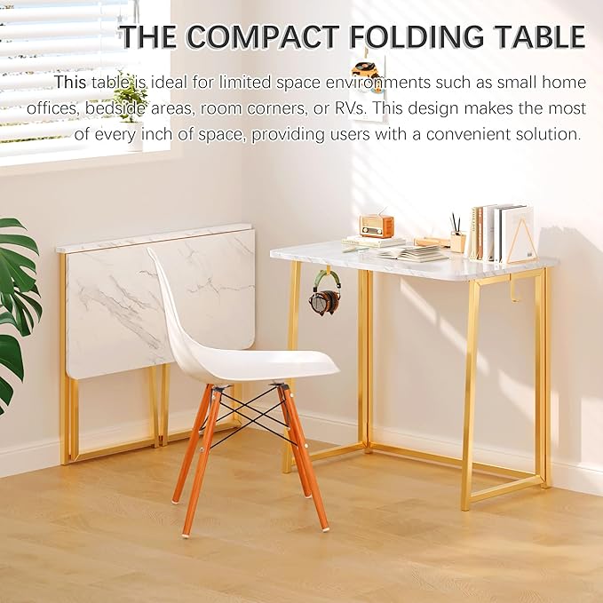 4NM 31.5" Small Folding Desk, Foldable Computer Home Office Desk, Study Writing Table for Small Space Saving Bedroom, Easy Assembly - White and Golden