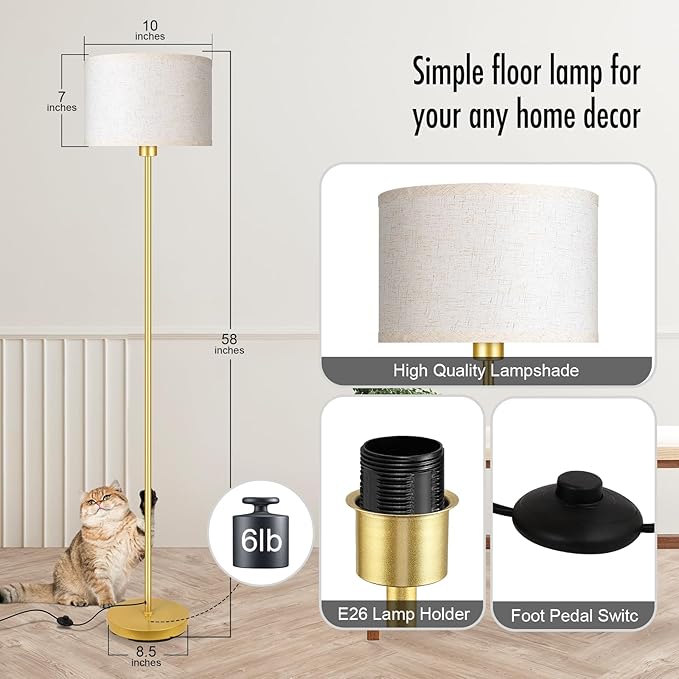 Floor Lamp Gold, Small Standing Lamp, 58" Tall Lamps with Beige Lampshade, Simple Pole Lamp for Bedroom, On/Off Footswitch, Gold Lamps for Living Room/Office/Boho,Christmas Gift for Kids(No Bulb)