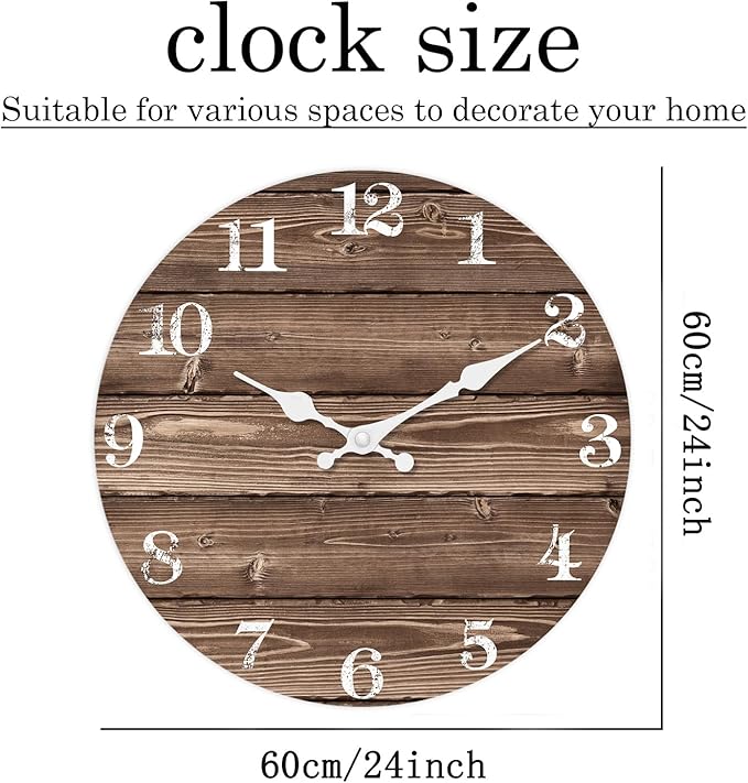 XFM Brown Wooden Wall Clock 24 Inch Silent Wall Clocks Battery Operated Decorative Farmhouse Large Rustic Wall Clock for Kitchen Living Room Office