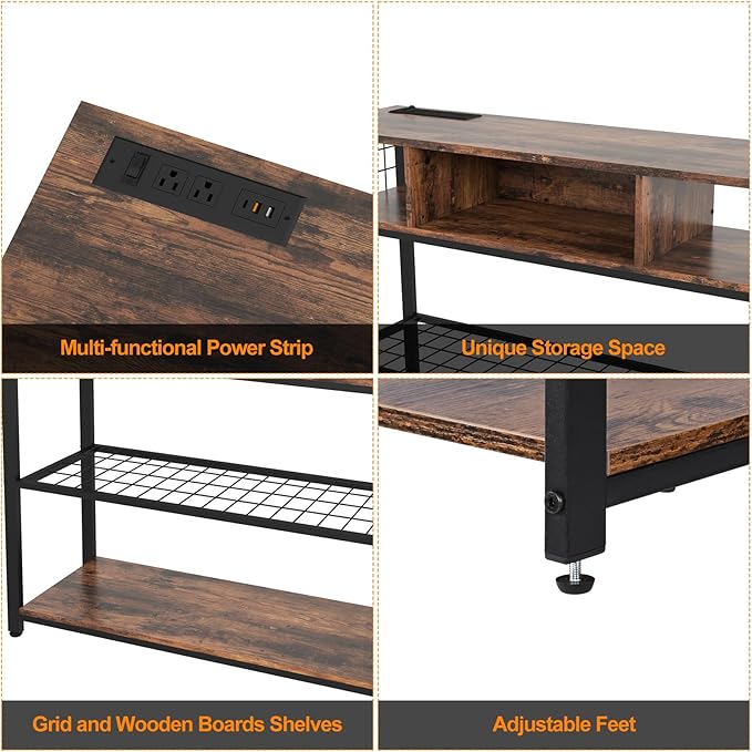 Livofloral Console Tables with Charging Station, 4 Tier Narrow Sofa Tables with Storage Shelves, Entryway Tables with Outlet and USB Ports, Behind Couch Table for Living Room Hallway, Rustic Brown