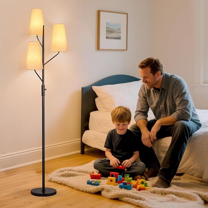 Farmhouse Floor Lamp for Living Room, 70" Tall 3-Light Tree Standing Lamp with Black Pole, Industrial Rustic Floor Lamps for Bedroom, Office and Reading Corner (Bulb Not Included)