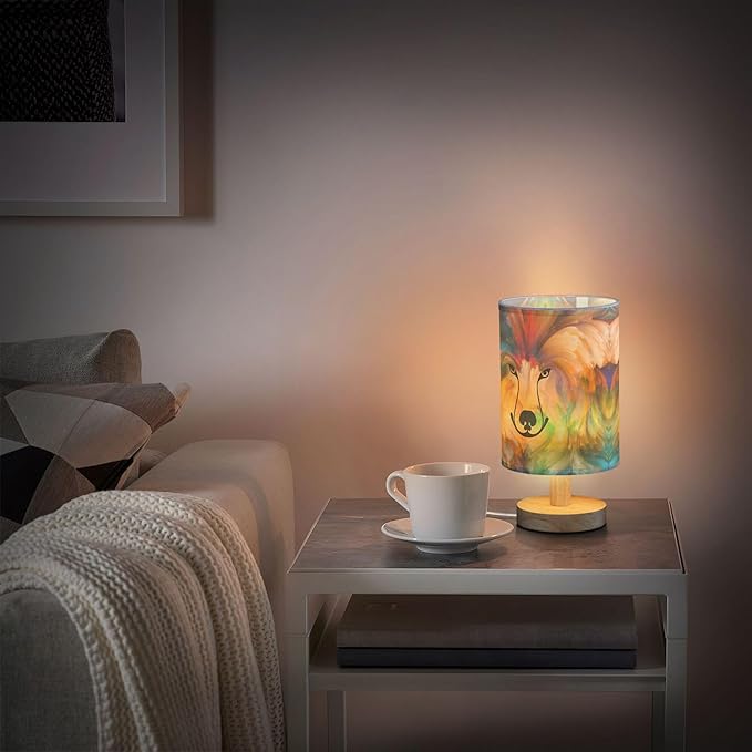 Table Lamp Colorful Dog Paint Portrait Nightstand Lamp with Wood Base Fabric Lamp Shade Bedside Desk Lamp for Living Room Bedroom Kids Room Office