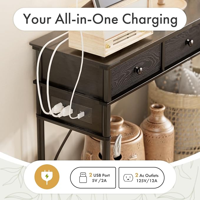 Entryway Table Sofa Console Table, Bamboo Small Entry Way Table with Drawers Storage and Power Outlets for Living Room, Hallway, Foyer, Entrance, Black