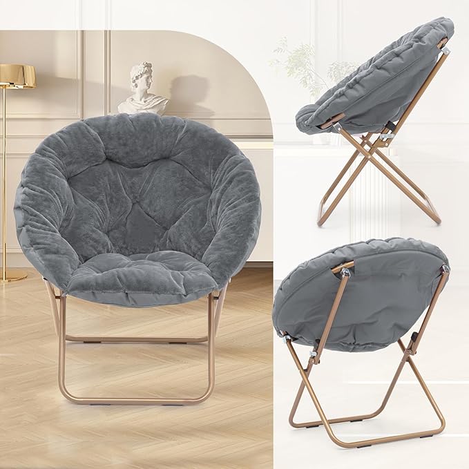 Athena Collection Comfy Saucer Chair Folding Cozy Chair for Bed Room Living Room Accent Chair Faux Fur Reading Chair Foldable Metal Frame Lazy Chair Moon Chair for Adult Set of 2, Grey