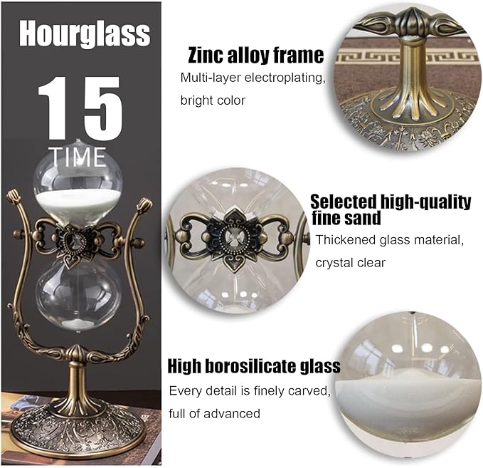 Hourglass Timer, 15 Minutes Hourglass Timer,Hourglass Desk Decor，Embossed Golden Hourglass Timer,Used for Vintage Home Decoration, Office Decoration, Kitchen Wedding Gifts (C)