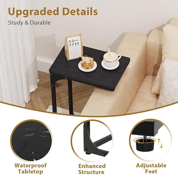 Narrow C Shaped End Tables Living Room TV Trays Set of 2, Small Thin Modern Side Table Skinny Slide Under Couch Tray Tables for Sofa Bedroom Small Space, Black
