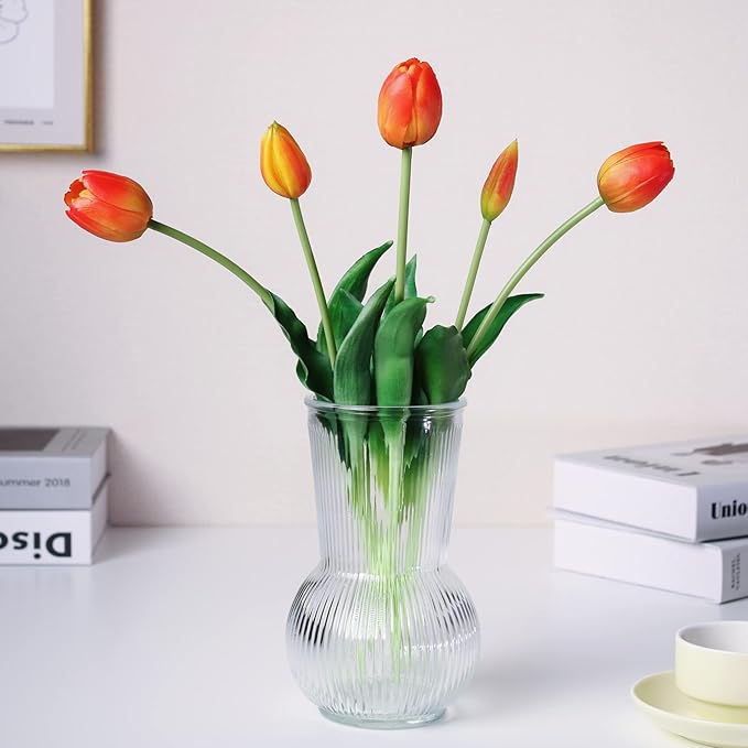 16-inch Premium Real Touch Fake Tulips Artificial Flowers with Buds, Flexible Stem Easy to Shape, Faux Tulips for Home Decor Indoor (Vase not Included), 10-Pack Set of Sunset Orange