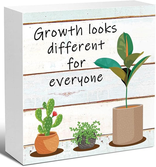 LVQHI Inspirational Wood Block Sign,Growth Looks Different for Everyone Plant Motivational Wooden Block Sign for Home Bedroom Office Desk Table Decor,Inspirational Cheer Up Gift for Coworker Wood