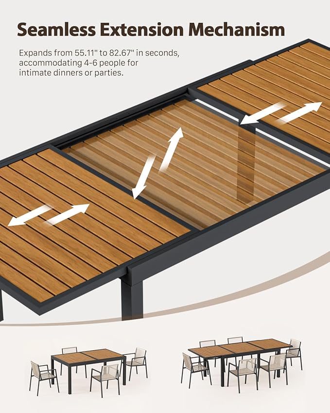 ZANDOR Expandable Outdoor Dining Set for 4-6-8,Patio Table and Chairs Set with Wood Top for Garden,Backyard,Porch,55"-82.7" Extendable Aluminum Outdoor Table Set with 8 Chairs,Grey