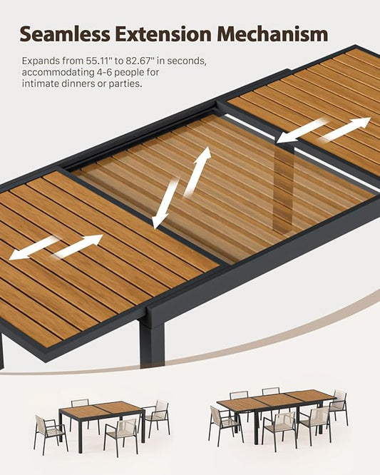 ZANDOR Expandable Outdoor Dining Set for 4-6-8,Patio Table and Chairs Set with Wood Top for Garden,Backyard,Porch,55"-82.7" Extendable Aluminum Outdoor Table Set with 8 Chairs,Grey